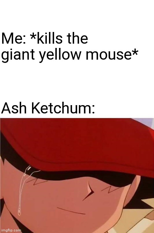 Oofffff | Me: *kills the giant yellow mouse*; Ash Ketchum: | image tagged in ash ketchum crying | made w/ Imgflip meme maker