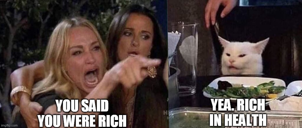 woman yelling at cat | YEA. RICH IN HEALTH; YOU SAID YOU WERE RICH | image tagged in woman yelling at cat | made w/ Imgflip meme maker