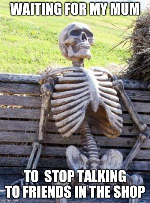 Waiting Skeleton | WAITING FOR MY MUM; TO  STOP TALKING TO FRIENDS IN THE SHOP | image tagged in memes,waiting skeleton | made w/ Imgflip meme maker