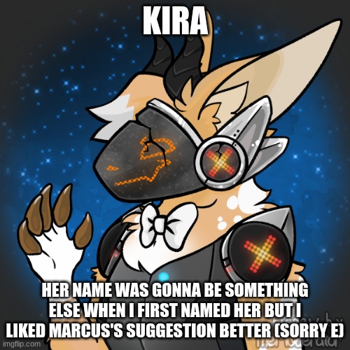 UwU | KIRA; HER NAME WAS GONNA BE SOMETHING ELSE WHEN I FIRST NAMED HER BUT I LIKED MARCUS'S SUGGESTION BETTER (SORRY E) | made w/ Imgflip meme maker