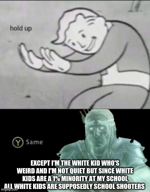 EXCEPT I'M THE WHITE KID WHO'S WEIRD AND I'M NOT QUIET BUT SINCE WHITE KIDS ARE A 1% MINORITY AT MY SCHOOL ALL WHITE KIDS ARE SUPPOSEDLY SCH | image tagged in fallout hold up,y same better | made w/ Imgflip meme maker