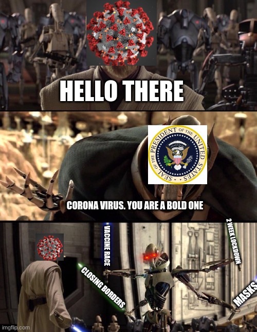 Start of Covid in a nutshell | HELLO THERE; CORONA VIRUS. YOU ARE A BOLD ONE; 2 WEEK LOCKDOWN; VACCINE RACE; CLOSING BORDERS; MASKS | image tagged in general kenobi hello there | made w/ Imgflip meme maker
