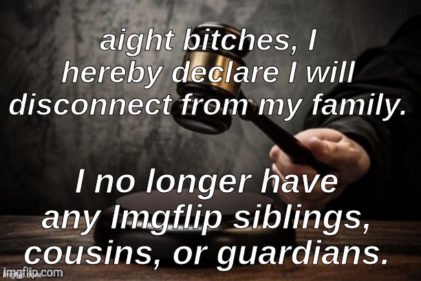 YES, I am my own judge. | aight bitches, I hereby declare I will disconnect from my family. I no longer have any Imgflip siblings, cousins, or guardians. | image tagged in court | made w/ Imgflip meme maker