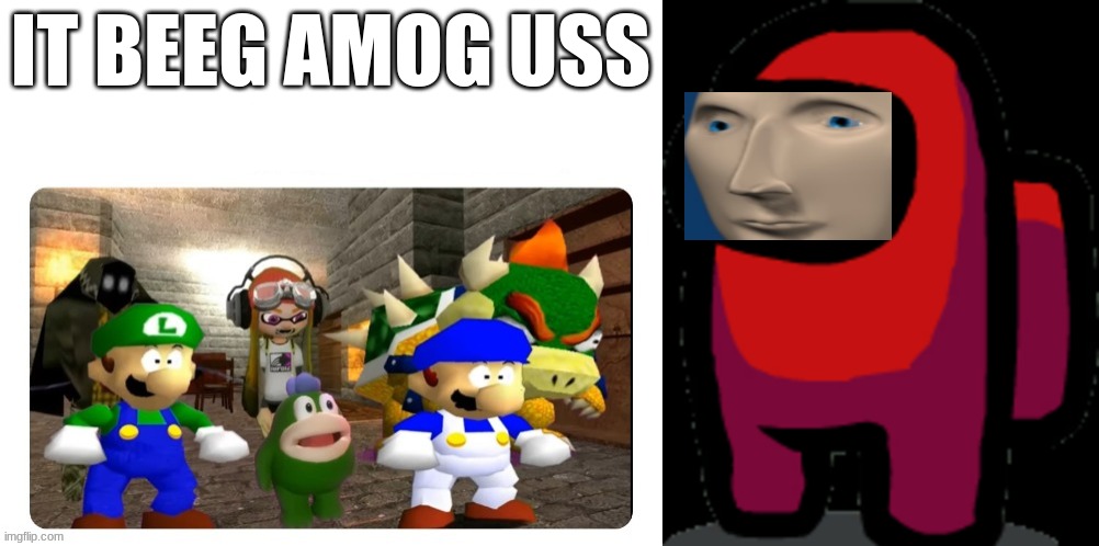 IT BEEG AMOG USS | image tagged in smg4 gang shocked,among us red crewmate | made w/ Imgflip meme maker