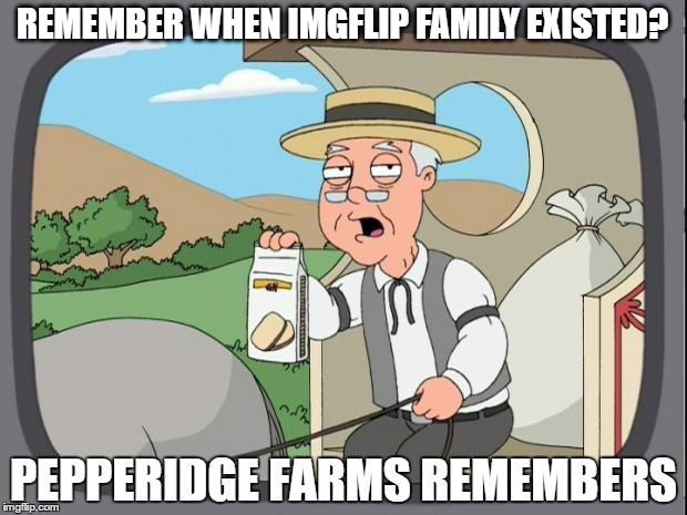 PEPPERIDGE FARMS REMEMBERS | REMEMBER WHEN IMGFLIP FAMILY EXISTED? | image tagged in pepperidge farms remembers | made w/ Imgflip meme maker