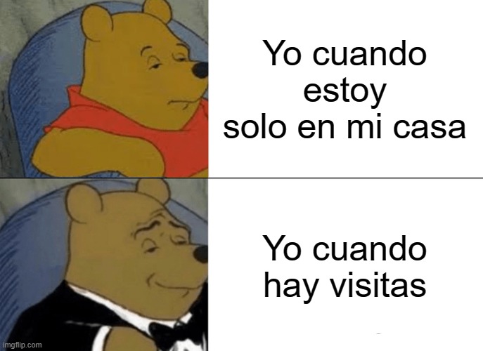 Cuando hay visitas | Yo cuando estoy solo en mi casa; Yo cuando hay visitas | image tagged in memes,tuxedo winnie the pooh | made w/ Imgflip meme maker