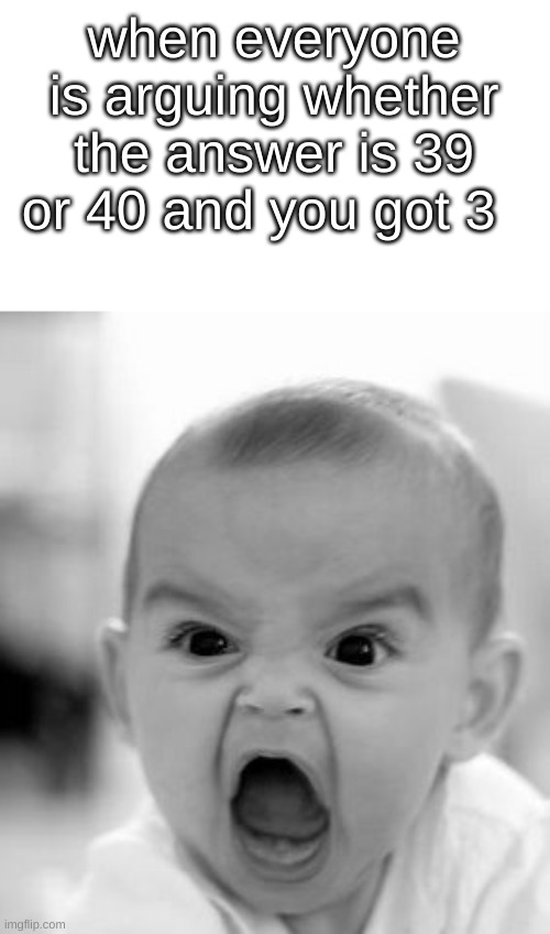 Angry Baby Meme | when everyone is arguing whether the answer is 39 or 40 and you got 3 | image tagged in memes,angry baby | made w/ Imgflip meme maker
