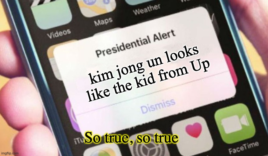 he does tho | kim jong un looks like the kid from Up; So true, so true | image tagged in memes,presidential alert | made w/ Imgflip meme maker