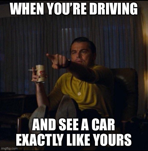 Driving Twins | WHEN YOU’RE DRIVING; AND SEE A CAR EXACTLY LIKE YOURS | image tagged in leonardo dicaprio pointing | made w/ Imgflip meme maker