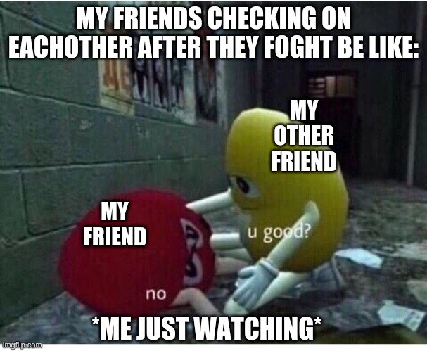 I always try checking and then they just glare at me | MY FRIENDS CHECKING ON EACHOTHER AFTER THEY FOGHT BE LIKE:; MY OTHER FRIEND; MY FRIEND; *ME JUST WATCHING* | image tagged in u good no | made w/ Imgflip meme maker