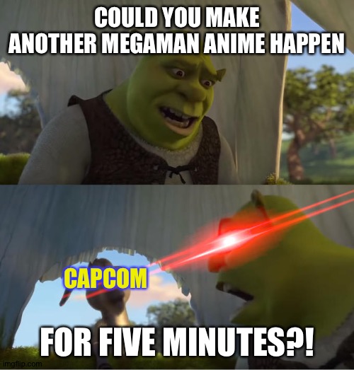 Shrek For Five Minutes | COULD YOU MAKE ANOTHER MEGAMAN ANIME HAPPEN; CAPCOM; FOR FIVE MINUTES?! | image tagged in shrek for five minutes | made w/ Imgflip meme maker
