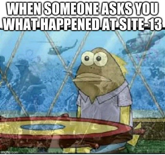what happened at Site-13 | WHEN SOMEONE ASKS YOU WHAT HAPPENED AT SITE-13 | image tagged in spongebob fish vietnam flashback,scp | made w/ Imgflip meme maker