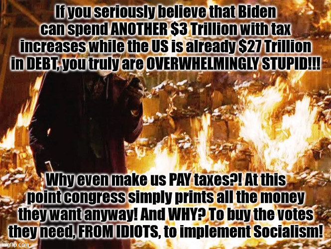 Debt Stupidity | If you seriously believe that Biden can spend ANOTHER $3 Trillion with tax increases while the US is already $27 Trillion in DEBT, you truly are OVERWHELMINGLY STUPID!!! Why even make us PAY taxes?! At this point congress simply prints all the money they want anyway! And WHY? To buy the votes they need, FROM IDIOTS, to implement Socialism! | image tagged in its not about the money,biden,debt | made w/ Imgflip meme maker