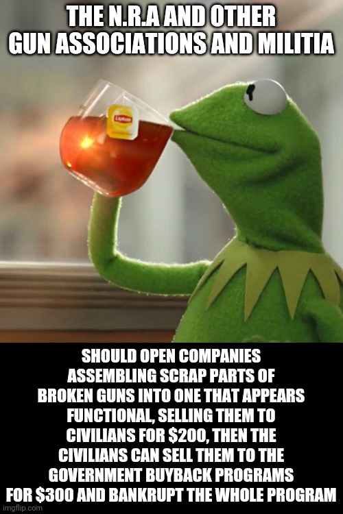 But That's None Of My Business | THE N.R.A AND OTHER GUN ASSOCIATIONS AND MILITIA; SHOULD OPEN COMPANIES ASSEMBLING SCRAP PARTS OF BROKEN GUNS INTO ONE THAT APPEARS FUNCTIONAL, SELLING THEM TO CIVILIANS FOR $200, THEN THE CIVILIANS CAN SELL THEM TO THE GOVERNMENT BUYBACK PROGRAMS FOR $300 AND BANKRUPT THE WHOLE PROGRAM | image tagged in memes,but that's none of my business,kermit the frog | made w/ Imgflip meme maker
