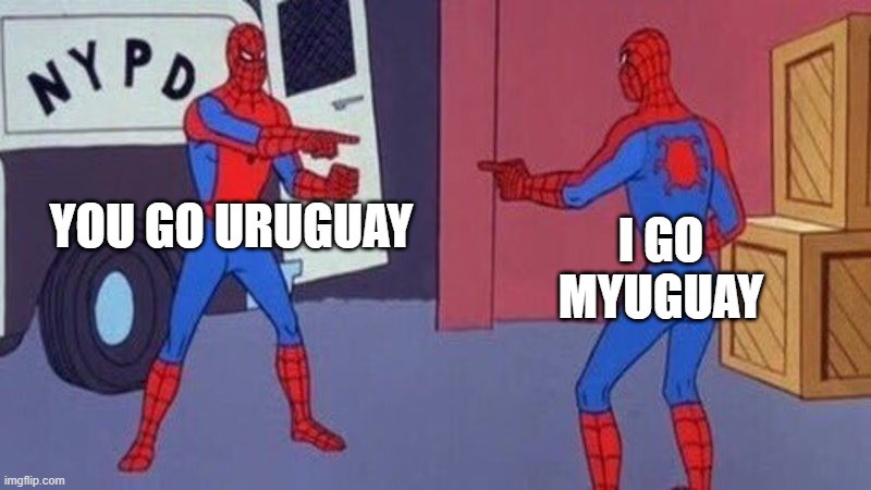 which direction to go | YOU GO URUGUAY; I GO MYUGUAY | image tagged in spiderman pointing at spiderman,directions,joke | made w/ Imgflip meme maker