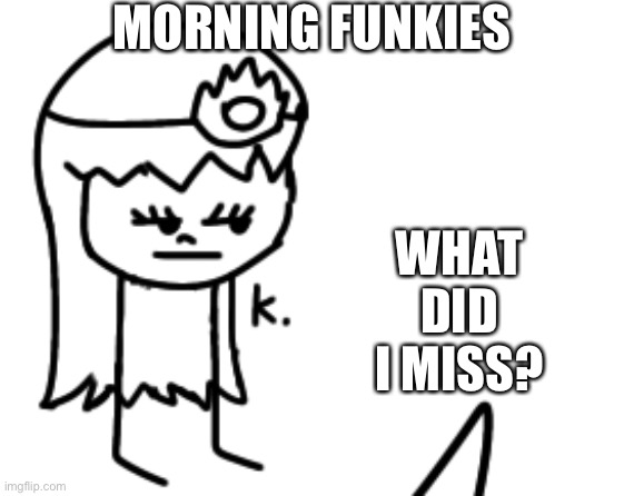 K. | MORNING FUNKIES; WHAT DID I MISS? | image tagged in k | made w/ Imgflip meme maker