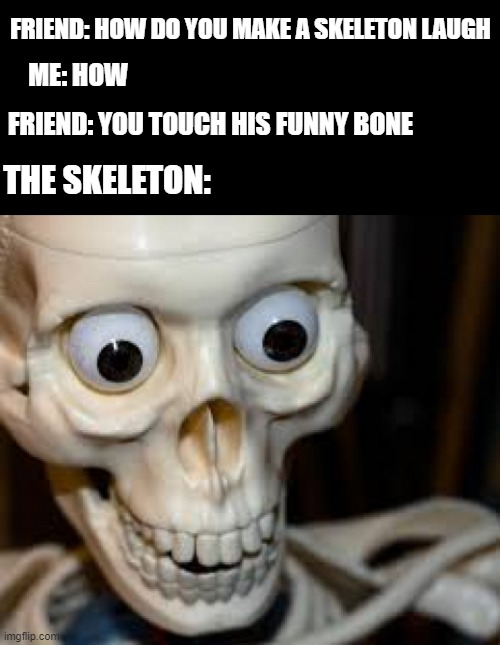 Skeleton's Funny Bone ;) | FRIEND: HOW DO YOU MAKE A SKELETON LAUGH; ME: HOW; FRIEND: YOU TOUCH HIS FUNNY BONE; THE SKELETON: | image tagged in skeleton | made w/ Imgflip meme maker