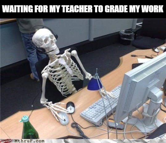 Skeleton |  WAITING FOR MY TEACHER TO GRADE MY WORK | image tagged in skeleton computer | made w/ Imgflip meme maker