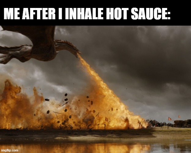 Inhaling Hot sauce | ME AFTER I INHALE HOT SAUCE: | image tagged in game of thrones dragon oh yeah | made w/ Imgflip meme maker