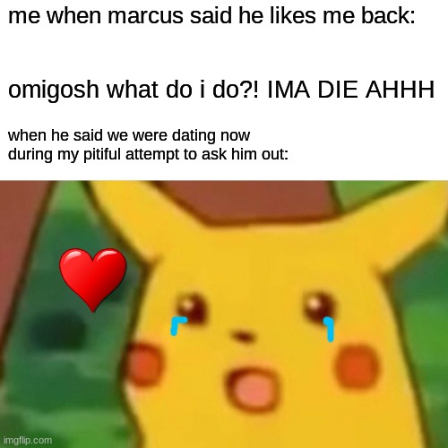 idk i need 2000 points | me when marcus said he likes me back:; omigosh what do i do?! IMA DIE AHHH; when he said we were dating now
during my pitiful attempt to ask him out: | image tagged in memes,surprised pikachu | made w/ Imgflip meme maker