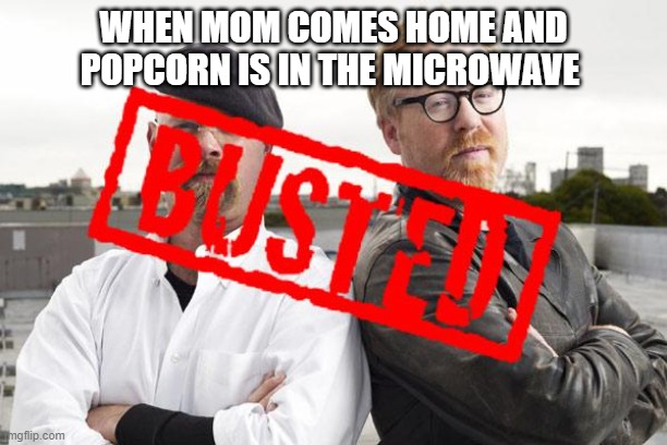 myth busted | WHEN MOM COMES HOME AND POPCORN IS IN THE MICROWAVE | image tagged in myth busted | made w/ Imgflip meme maker