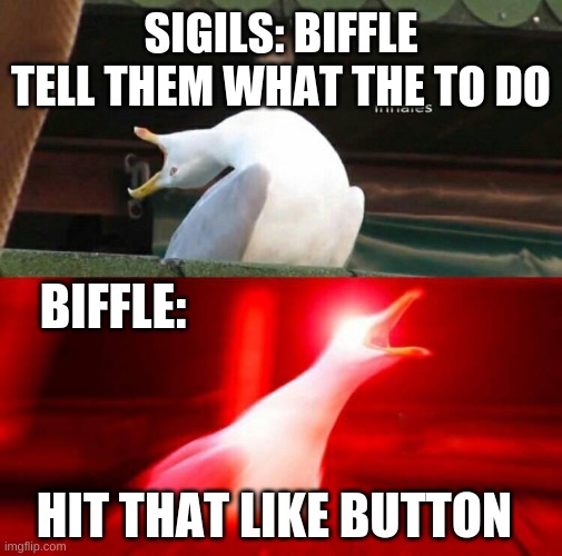 The Regulars Be Like        (If you get it you get) | SIGILS: BIFFLE TELL THEM WHAT THE TO DO; BIFFLE:; HIT THAT LIKE BUTTON | image tagged in inhaling seagull,funny,youtubers | made w/ Imgflip meme maker