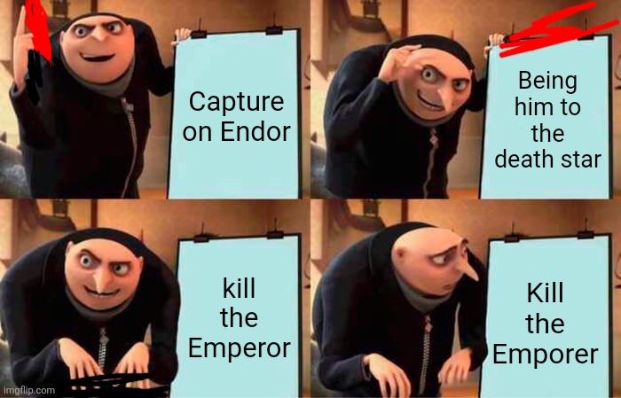 Gru's Plan Meme | Capture on Endor; Being him to the death star; kill the Emperor; Kill the Emporer | image tagged in memes,gru's plan | made w/ Imgflip meme maker
