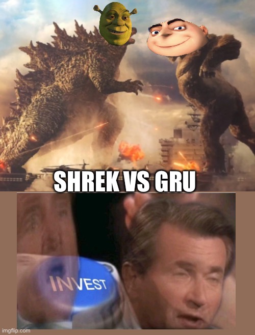 Who would win? | SHREK VS GRU | image tagged in godzilla vs kong | made w/ Imgflip meme maker
