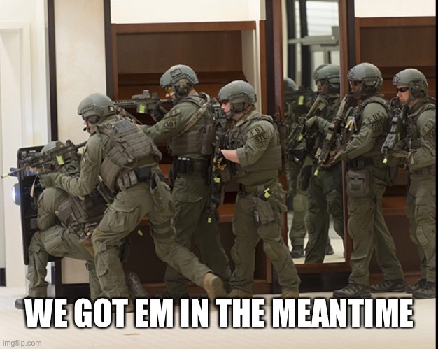 FBI SWAT | WE GOT EM IN THE MEANTIME | image tagged in fbi swat | made w/ Imgflip meme maker