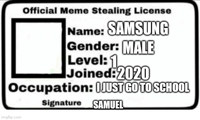 Official Meme Stealing License | SAMSUNG; MALE; 1; 2020; I JUST GO TO SCHOOL; SAMUEL | image tagged in official meme stealing license | made w/ Imgflip meme maker