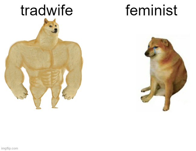 Buff Doge vs. Cheems | tradwife; feminist | image tagged in memes,buff doge vs cheems,traditions,tradwife,feminists | made w/ Imgflip meme maker