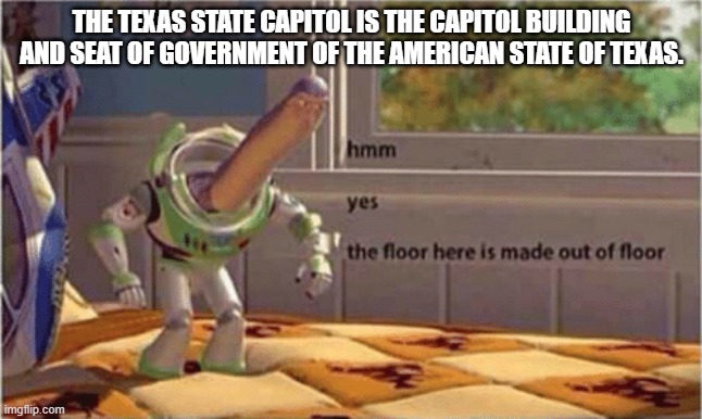 Ah yes, thank you Wikipedia | THE TEXAS STATE CAPITOL IS THE CAPITOL BUILDING AND SEAT OF GOVERNMENT OF THE AMERICAN STATE OF TEXAS. | image tagged in hmm yes the floor here is made out of floor,wikipedia,texas,capitol building,why do tags even exist | made w/ Imgflip meme maker