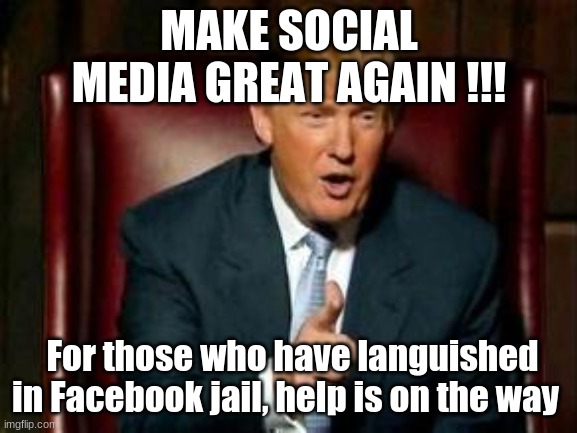 Donald Trump | MAKE SOCIAL MEDIA GREAT AGAIN !!! For those who have languished in Facebook jail, help is on the way | image tagged in donald trump | made w/ Imgflip meme maker