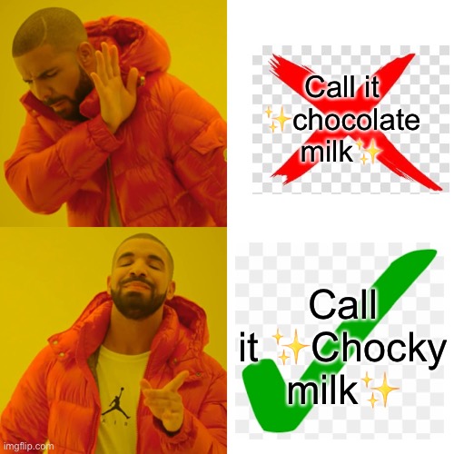 Drake Hotline Bling | Call it ✨chocolate milk✨; Call it ✨Chocky milk✨ | image tagged in memes,drake hotline bling | made w/ Imgflip meme maker