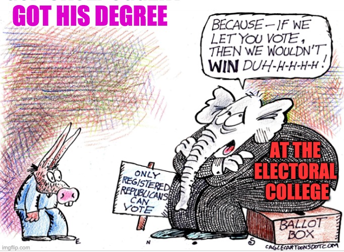 Fairness = Beauty, and therefore in the eye of the beholder | GOT HIS DEGREE AT THE 
ELECTORAL 
COLLEGE | image tagged in elections,fairness,gop,politics,comics/cartoons | made w/ Imgflip meme maker