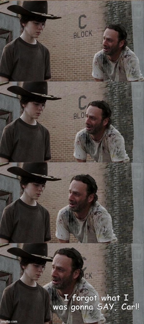 Rick and Carl Long Meme | I forgot what I was gonna SAY, Carl! | image tagged in memes,rick and carl long | made w/ Imgflip meme maker