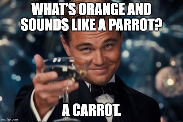 Leonardo Dicaprio Cheers | WHAT’S ORANGE AND SOUNDS LIKE A PARROT? A CARROT. | image tagged in memes,leonardo dicaprio cheers | made w/ Imgflip meme maker
