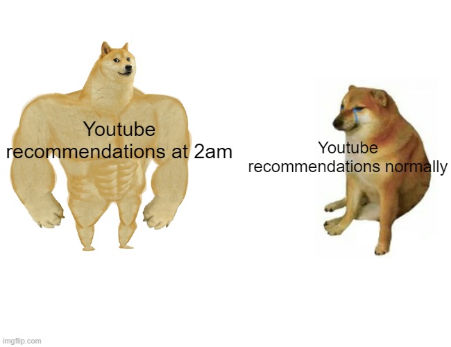 i hate youtube recommendations |  Youtube recommendations at 2am; Youtube recommendations normally | image tagged in memes,buff doge vs cheems | made w/ Imgflip meme maker