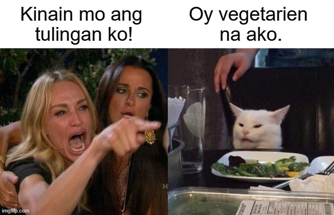 Ang tulingan | Kinain mo ang 
tulingan ko! Oy vegetarien 
na ako. | image tagged in memes,woman yelling at cat | made w/ Imgflip meme maker