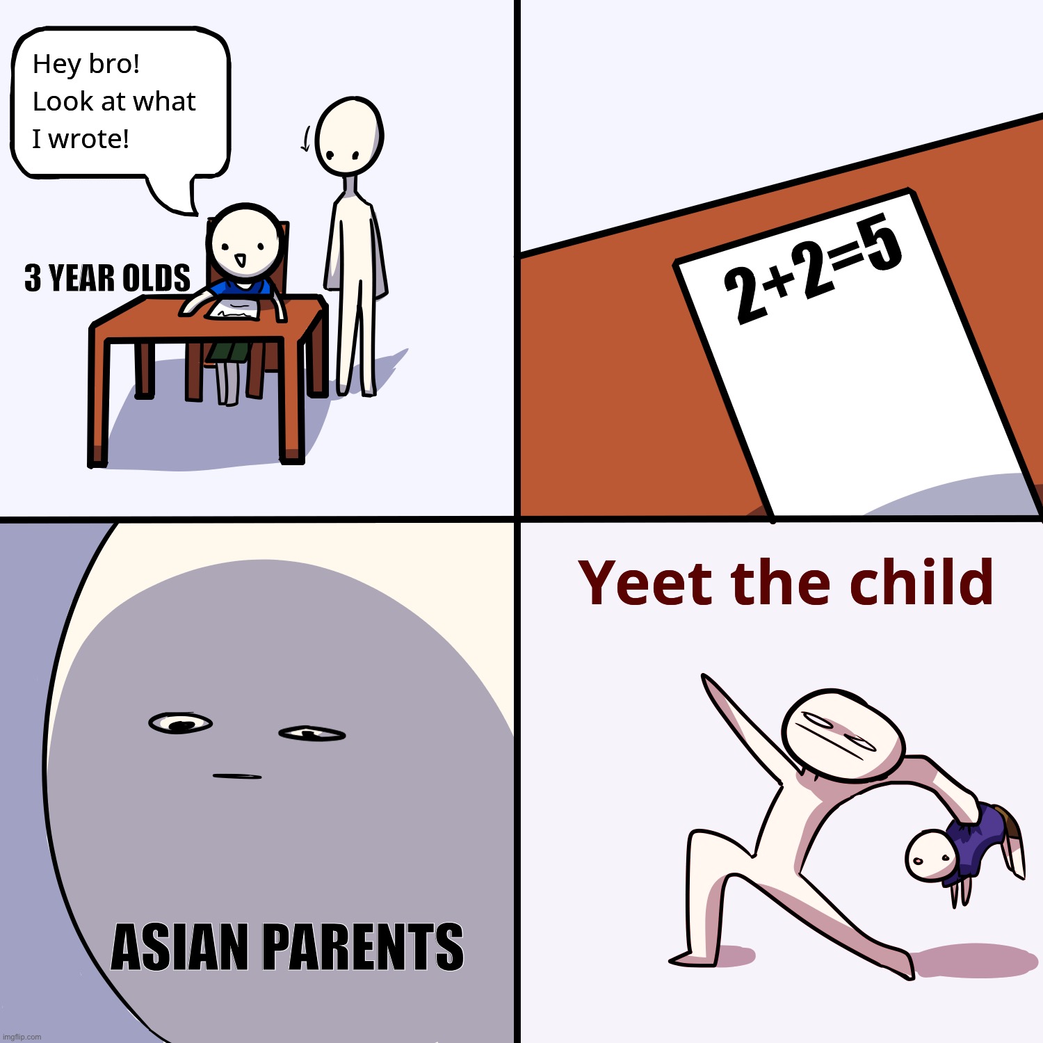 Why must throw me | 2+2=5; 3 YEAR OLDS; ASIAN PARENTS | image tagged in yeet the child,memes,gifs,parents,help,scary | made w/ Imgflip meme maker