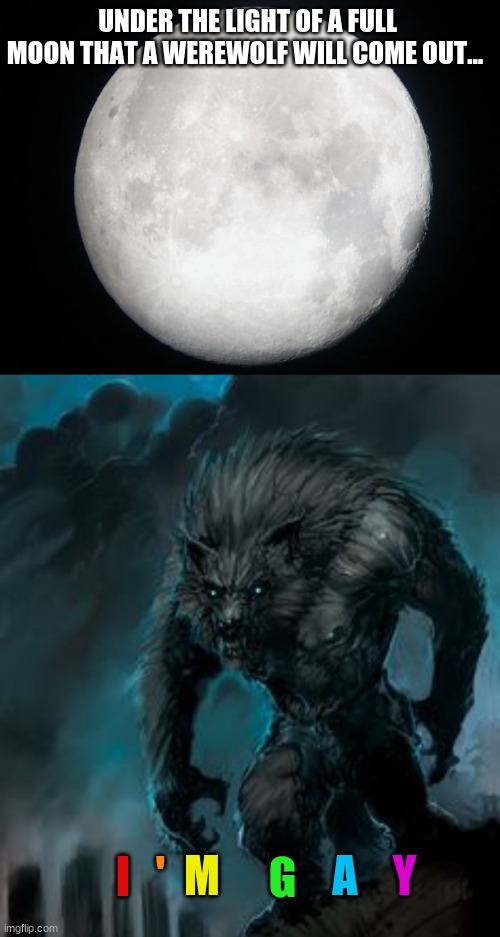 UNDER THE LIGHT OF A FULL MOON THAT A WEREWOLF WILL COME OUT... I; M; '; G; A; Y | image tagged in full moon,werewolf | made w/ Imgflip meme maker