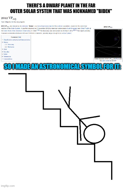 THERE'S A DWARF PLANET IN THE FAR OUTER SOLAR SYSTEM THAT WAS NICKNAMED "BIDEN"; SO I MADE AN ASTRONOMICAL SYMBOL FOR IT: | image tagged in memes,biden,planet,stairs,fall,solar system | made w/ Imgflip meme maker