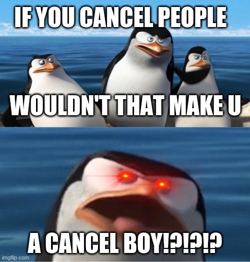 god please let this be popular | IF YOU CANCEL PEOPLE; WOULDN'T THAT MAKE U; A CANCEL BOY!?!?!? | image tagged in wouldn't that make you | made w/ Imgflip meme maker