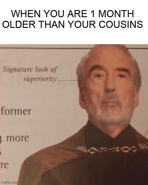 When you are 1 month older that your cousins | WHEN YOU ARE 1 MONTH OLDER THAN YOUR COUSINS | image tagged in signature look of superiority | made w/ Imgflip meme maker