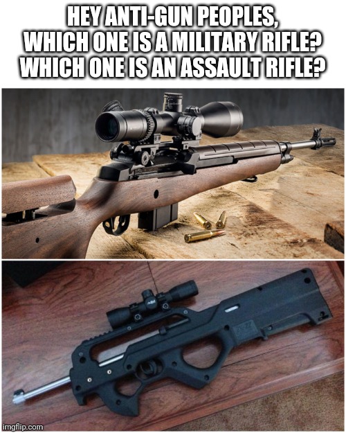 Define "assualt rifle". | HEY ANTI-GUN PEOPLES,
WHICH ONE IS A MILITARY RIFLE?
WHICH ONE IS AN ASSAULT RIFLE? | image tagged in 2nd amendment | made w/ Imgflip meme maker