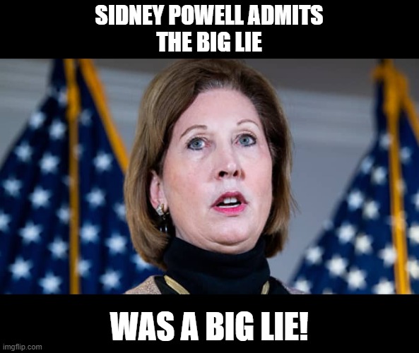 Powell's attorney said, “No reasonable person would conclude that the statements Powell made about election fraud were facts.” | SIDNEY POWELL ADMITS
THE BIG LIE; WAS A BIG LIE! | image tagged in trump lost,get over it,the big lie | made w/ Imgflip meme maker