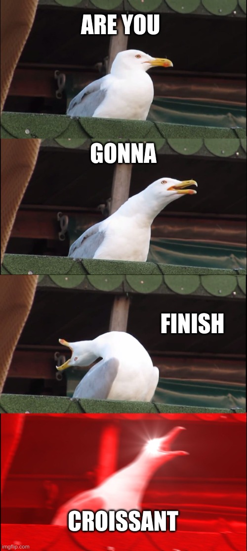 Inhaling Seagull | ARE YOU; GONNA; FINISH; CROISSANT | image tagged in memes,inhaling seagull | made w/ Imgflip meme maker