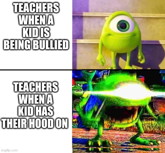 Teachers when a kid bullied | TEACHERS WHEN A KID IS BEING BULLIED; TEACHERS WHEN A KID HAS THEIR HOOD ON | image tagged in kid mike | made w/ Imgflip meme maker