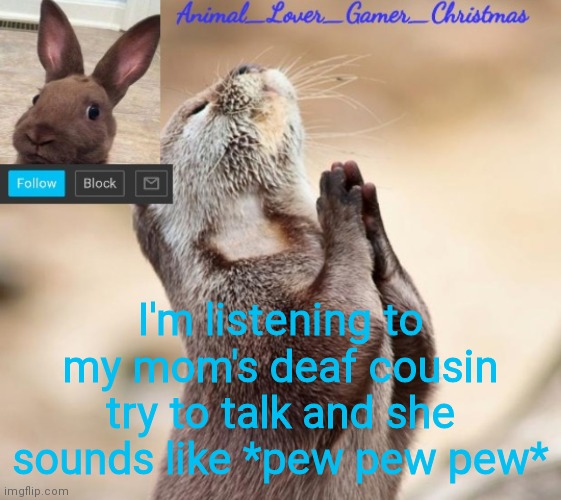 J | I'm listening to my mom's deaf cousin try to talk and she sounds like *pew pew pew* | image tagged in i_love_animals3 announcement template | made w/ Imgflip meme maker