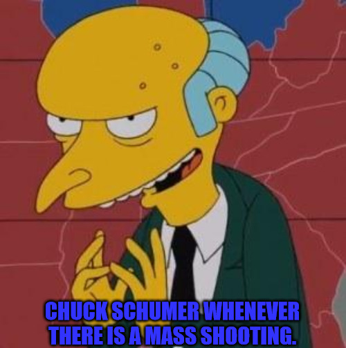 Gun Bans COming | CHUCK SCHUMER WHENEVER THERE IS A MASS SHOOTING. | image tagged in mr burns excellent | made w/ Imgflip meme maker
